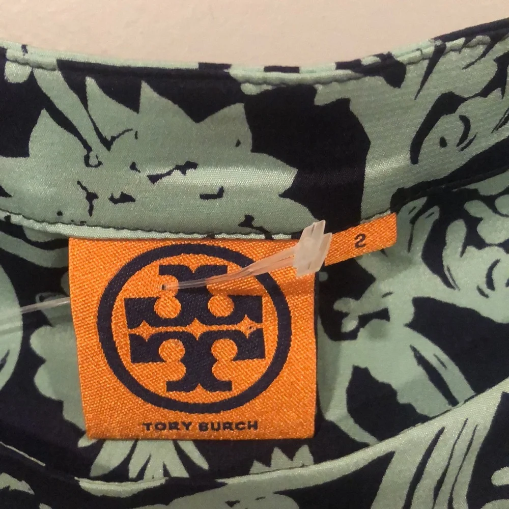 Tory Burch Navy and Mint Green Floral Blouse Size 2 - Picture 2 of 3